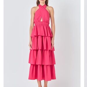 Endless Rose Hot Pink Halter Ruffle Midi Dress SZ S